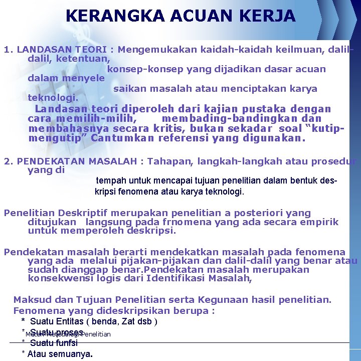KERANGKA ACUAN KERJA 1. LANDASAN TEORI : Mengemukakan kaidah-kaidah keilmuan, dalil, ketentuan, konsep-konsep yang