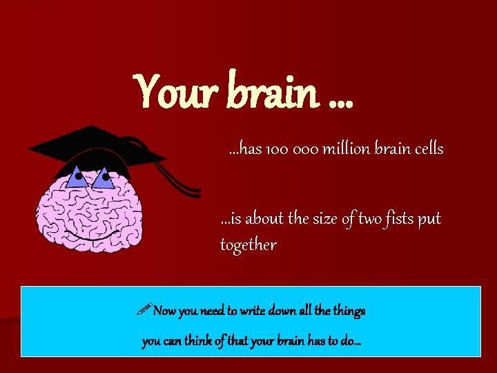 Your brain … …has 100 000 million brain cells …is about the size of