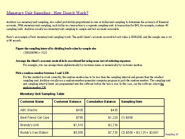 Monetary Unit Sampling - How Does it Work? Auditors use monetary unit sampling, also