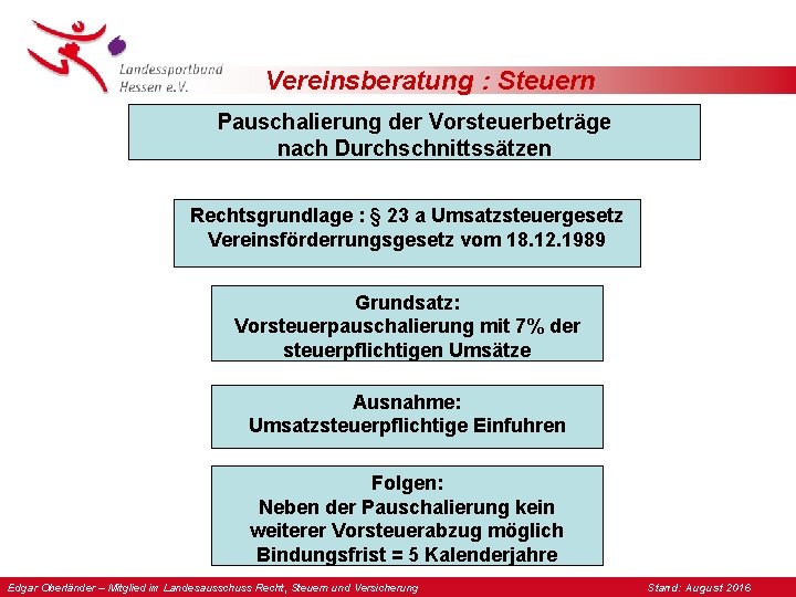 Vereinsberatung : Steuern Pauschalierung der Vorsteuerbeträge nach Durchschnittssätzen Rechtsgrundlage : § 23 a Umsatzsteuergesetz