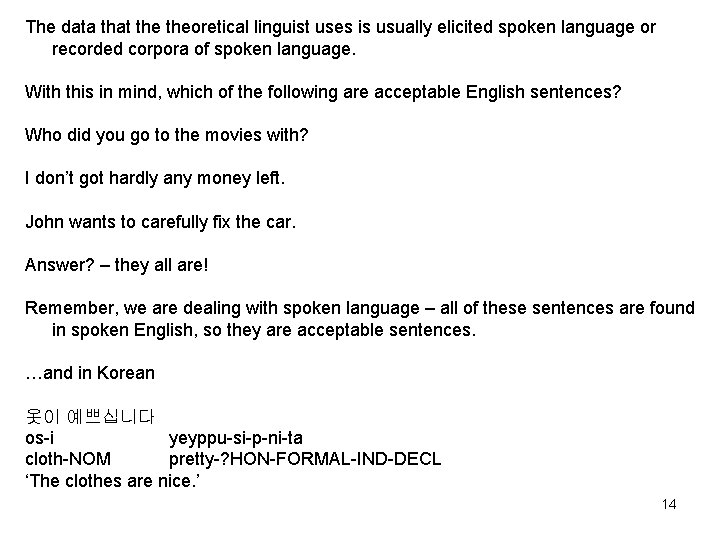 The data that theoretical linguist uses is usually elicited spoken language or recorded corpora