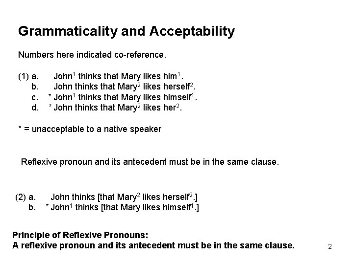 Grammaticality and Acceptability Numbers here indicated co-reference. (1) a. John 1 thinks that Mary