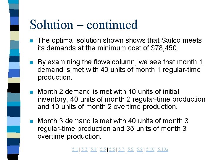 Solution – continued n The optimal solution shows that Sailco meets its demands at