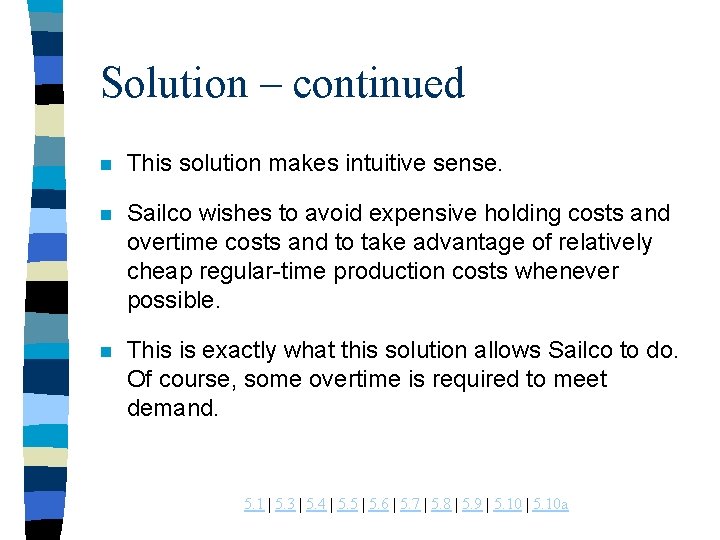 Solution – continued n This solution makes intuitive sense. n Sailco wishes to avoid