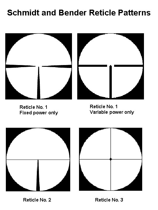 Schmidt and Bender Reticle Patterns Reticle No. 1 Fixed power only Reticle No. 2