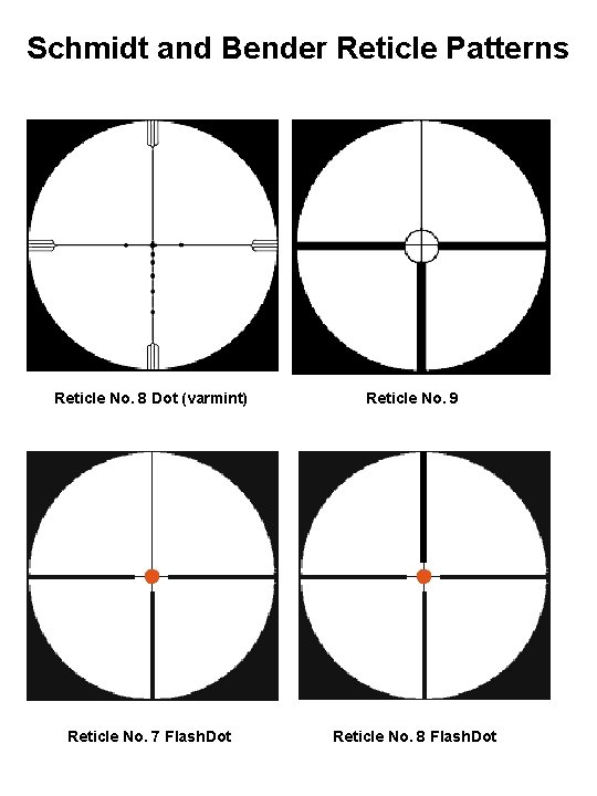 Schmidt and Bender Reticle Patterns Reticle No. 8 Dot (varmint) Reticle No. 9 Reticle