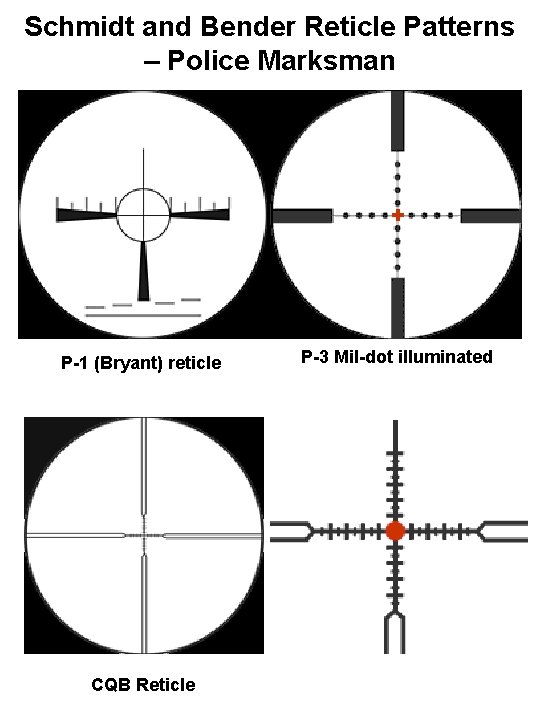 Schmidt and Bender Reticle Patterns – Police Marksman P-1 (Bryant) reticle CQB Reticle P-3