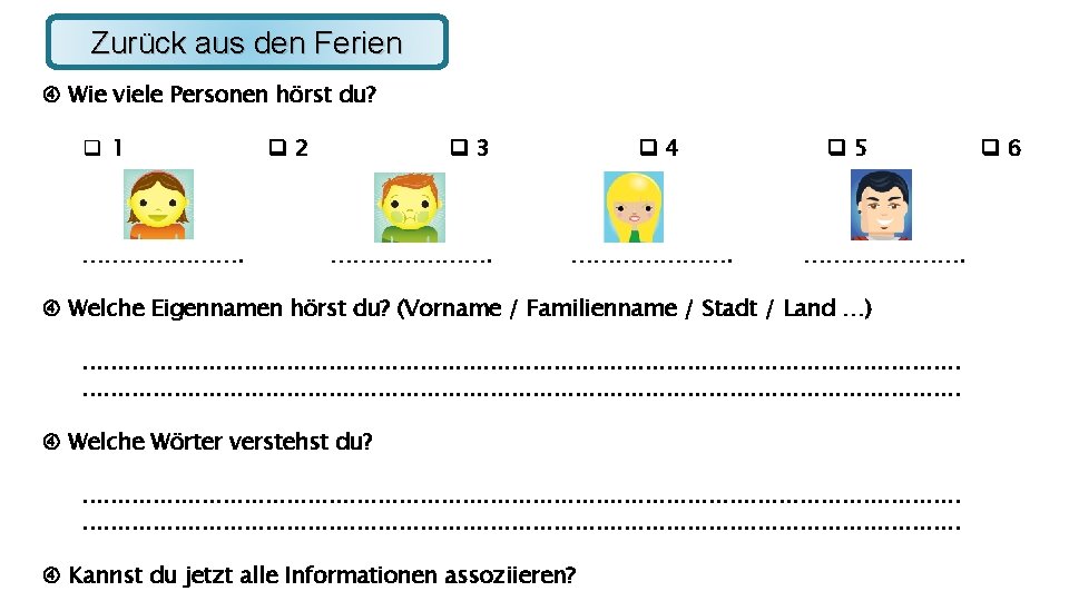 Zurück aus den Ferien Wie viele Personen hörst du? 1 …………………. 2 3 ………………….