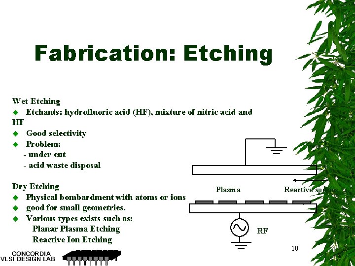 Fabrication: Etching Wet Etching u Etchants: hydrofluoric acid (HF), mixture of nitric acid and