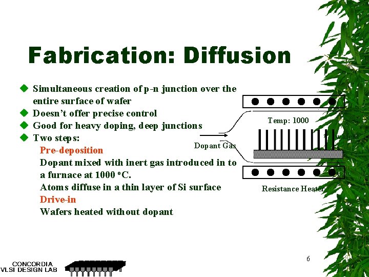 Fabrication: Diffusion u Simultaneous creation of p-n junction over the entire surface of wafer