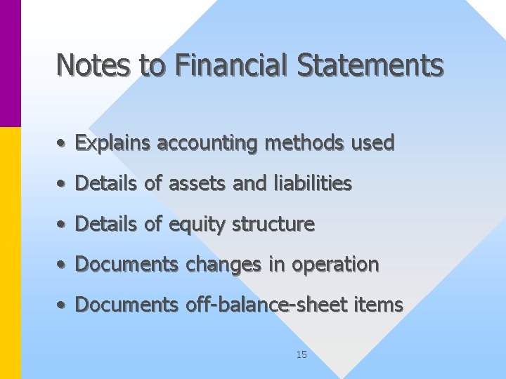 Notes to Financial Statements • Explains accounting methods used • Details of assets and