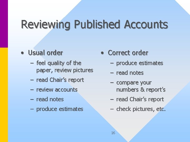 Reviewing Published Accounts • Usual order • Correct order – feel quality of the