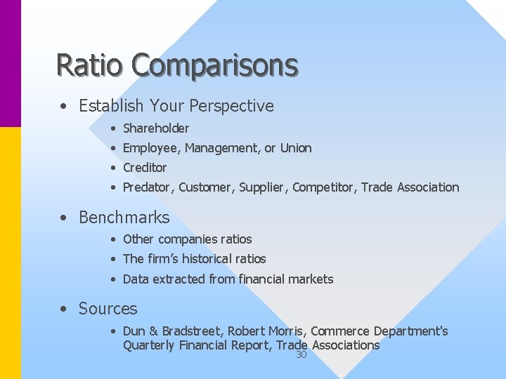 Ratio Comparisons • Establish Your Perspective • Shareholder • Employee, Management, or Union •