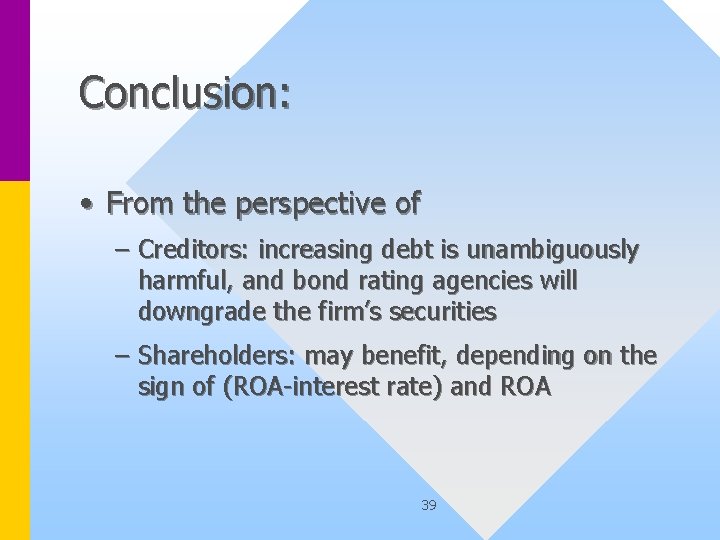 Conclusion: • From the perspective of – Creditors: increasing debt is unambiguously harmful, and