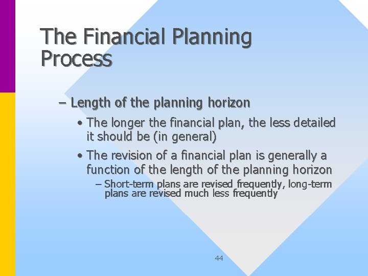 The Financial Planning Process – Length of the planning horizon • The longer the