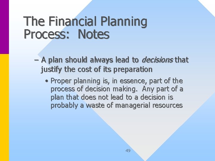 The Financial Planning Process: Notes – A plan should always lead to decisions that