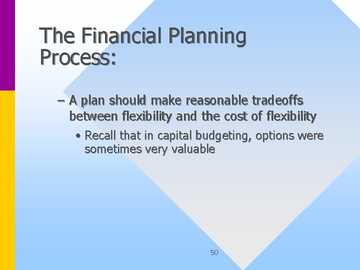 The Financial Planning Process: – A plan should make reasonable tradeoffs between flexibility and