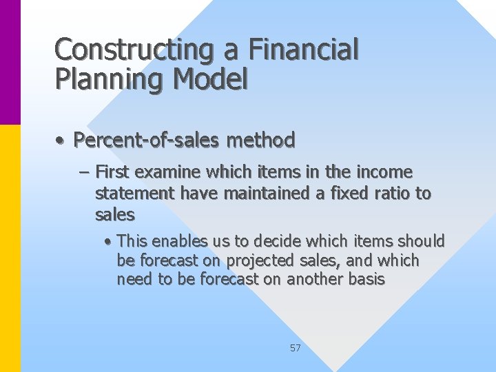Constructing a Financial Planning Model • Percent-of-sales method – First examine which items in