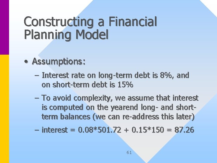 Constructing a Financial Planning Model • Assumptions: – Interest rate on long-term debt is