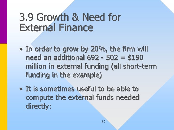 3. 9 Growth & Need for External Finance • In order to grow by