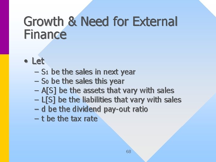 Growth & Need for External Finance • Let – S 1 be the sales