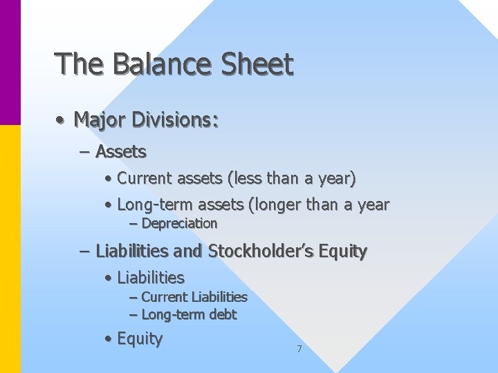 The Balance Sheet • Major Divisions: – Assets • Current assets (less than a