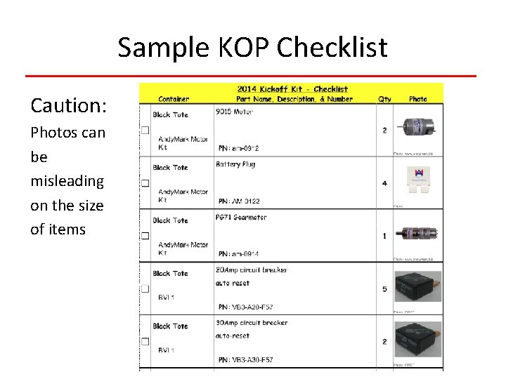 Sample KOP Checklist Caution: Photos can be misleading on the size of items 