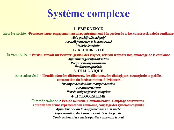 Système complexe 1 - ÉMERGENCE Imprévisibilité >Promesse tenue, engagement assumé, entraînement à la gestion