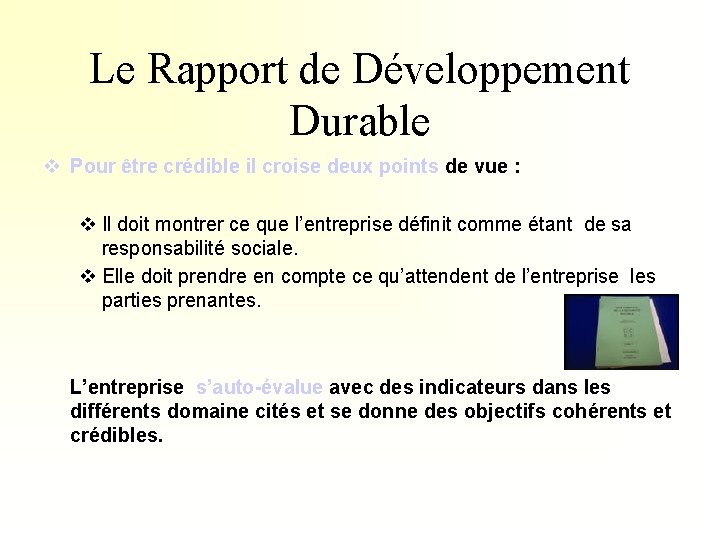 Le Rapport de Développement Durable v Pour être crédible il croise deux points de