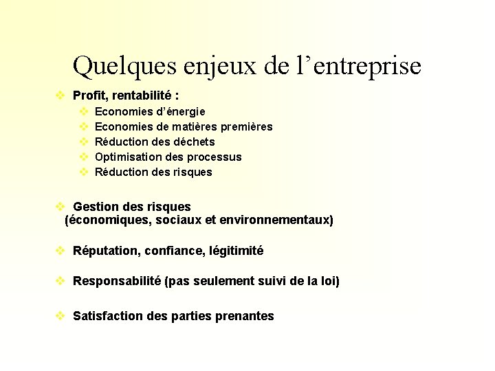 Quelques enjeux de l’entreprise v Profit, rentabilité : v v v Economies d’énergie Economies