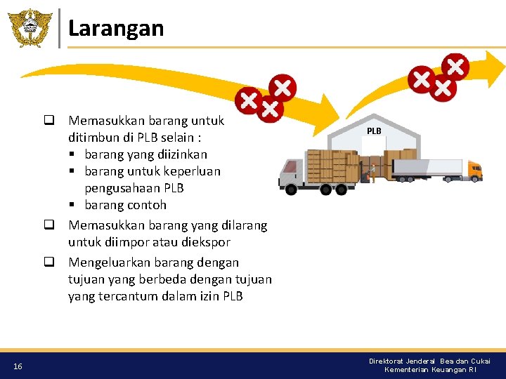 Larangan q Memasukkan barang untuk ditimbun di PLB selain : § barang yang diizinkan