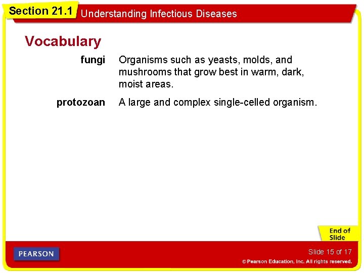 Section 21. 1 Understanding Infectious Diseases Vocabulary fungi protozoan Organisms such as yeasts, molds,