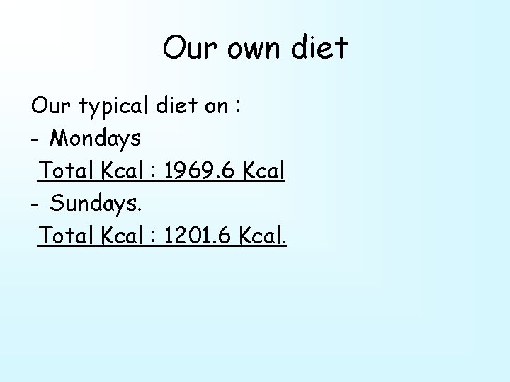 Our own diet Our typical diet on : - Mondays Total Kcal : 1969.