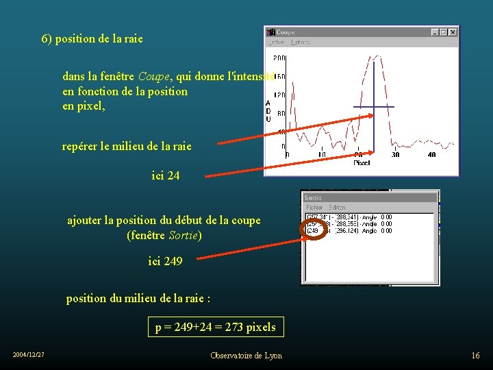 6) position de la raie dans la fenêtre Coupe, qui donne l'intensité en fonction