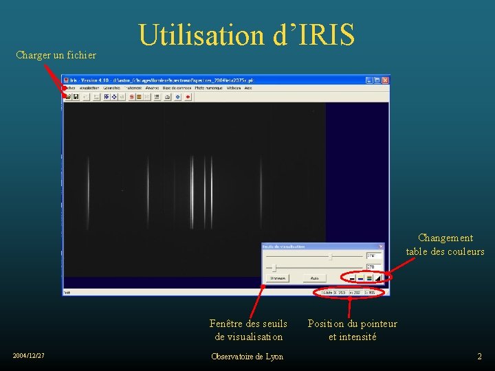 Charger un fichier Utilisation d’IRIS Changement table des couleurs Fenêtre des seuils de visualisation