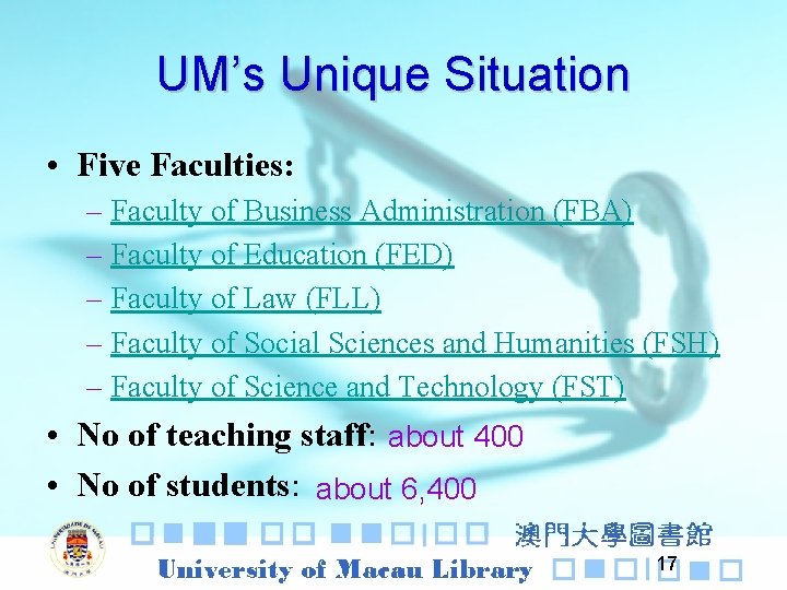 UM’s Unique Situation • Five Faculties: – Faculty of Business Administration (FBA) – Faculty