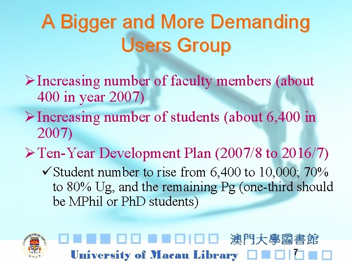 A Bigger and More Demanding Users Group Ø Increasing number of faculty members (about