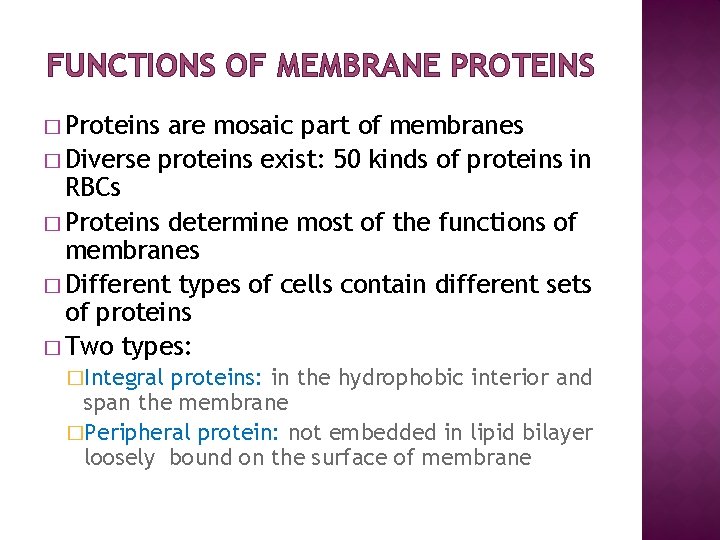FUNCTIONS OF MEMBRANE PROTEINS � Proteins are mosaic part of membranes � Diverse proteins