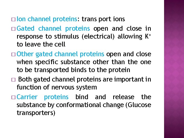 � Ion channel proteins: trans port ions � Gated channel proteins open and close