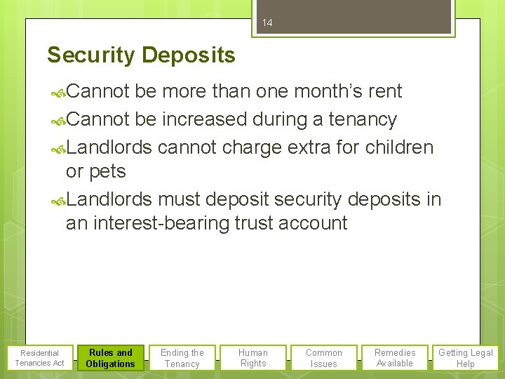 14 Security Deposits Cannot be more than one month’s rent Cannot be increased during