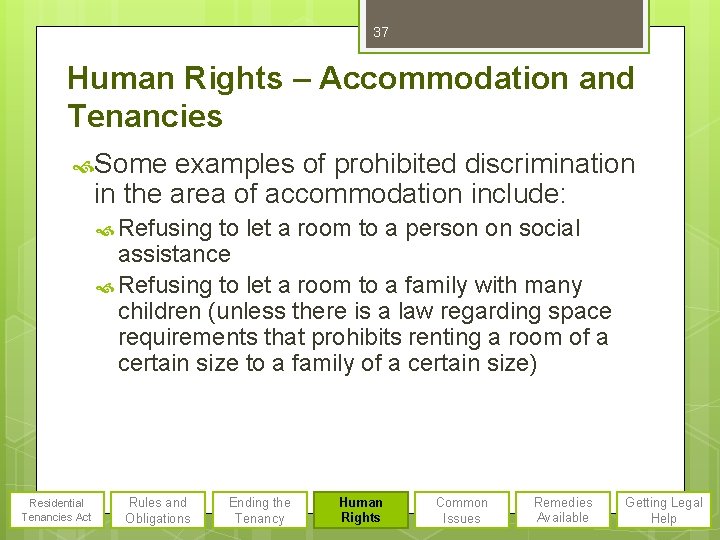 37 Human Rights – Accommodation and Tenancies Some examples of prohibited discrimination in the
