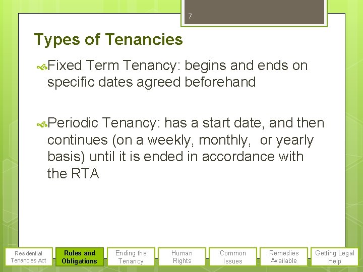 7 Types of Tenancies Fixed Term Tenancy: begins and ends on specific dates agreed
