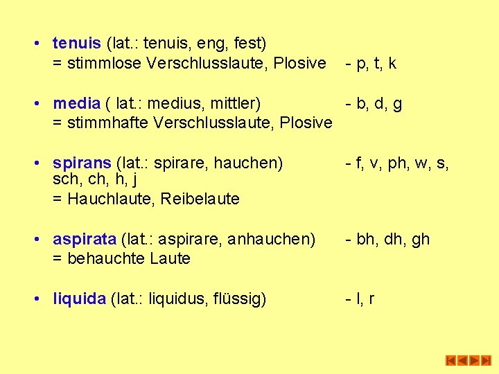  • tenuis (lat. : tenuis, eng, fest) = stimmlose Verschlusslaute, Plosive - p,