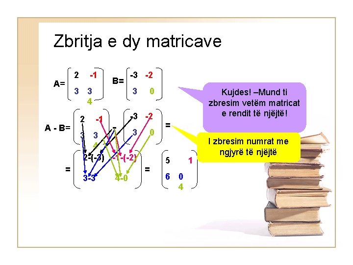 Zbritja e dy matricave 2 A= -1 3 3 4 A - B= =