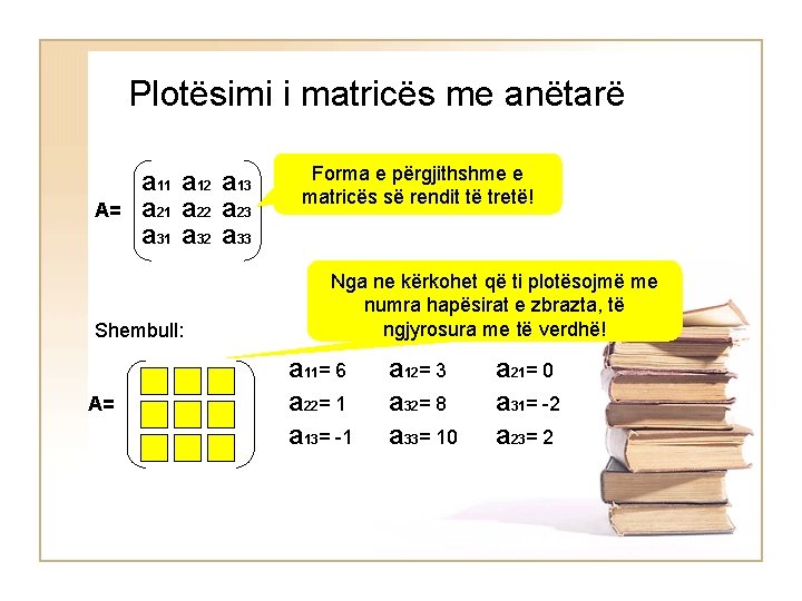 Plotësimi i matricës me anëtarë A= a 11 a 12 a 13 a 21