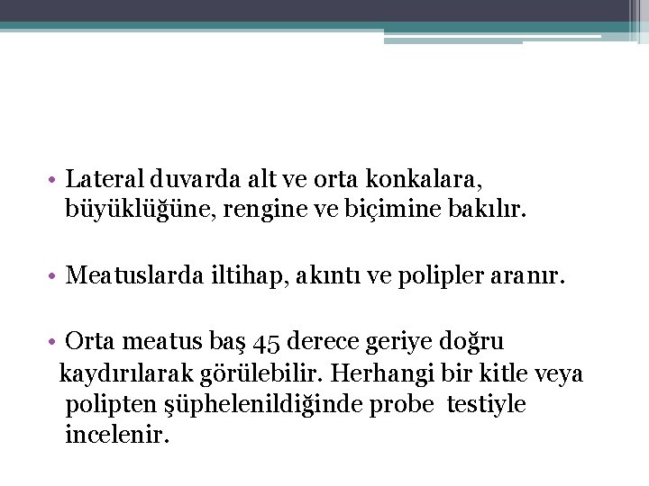  • Lateral duvarda alt ve orta konkalara, büyüklüğüne, rengine ve biçimine bakılır. •