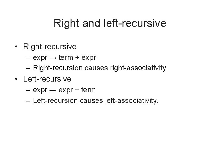 Right and left-recursive • Right-recursive – expr → term + expr – Right-recursion causes