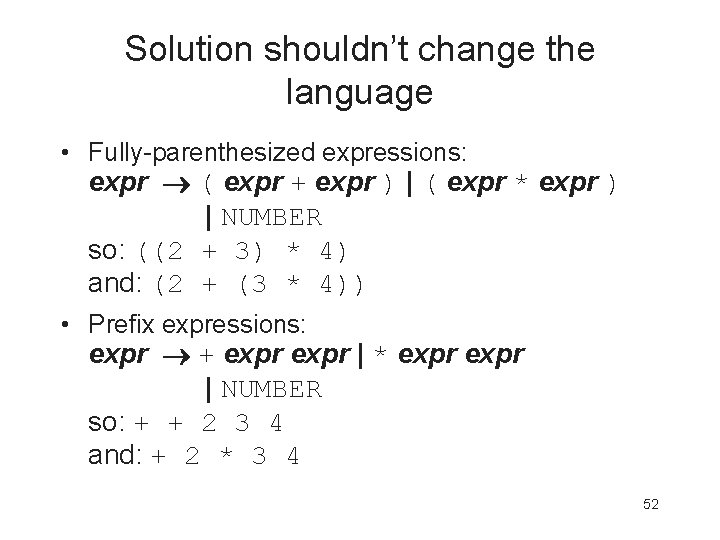 Solution shouldn’t change the language • Fully-parenthesized expressions: expr ® ( expr + expr
