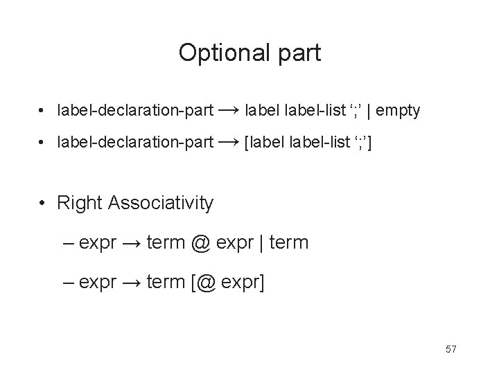 Optional part • label-declaration-part → label-list ‘; ’ | empty • label-declaration-part → [label-list