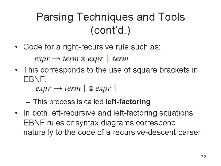 Parsing Techniques and Tools (cont’d. ) • Code for a right-recursive rule such as:
